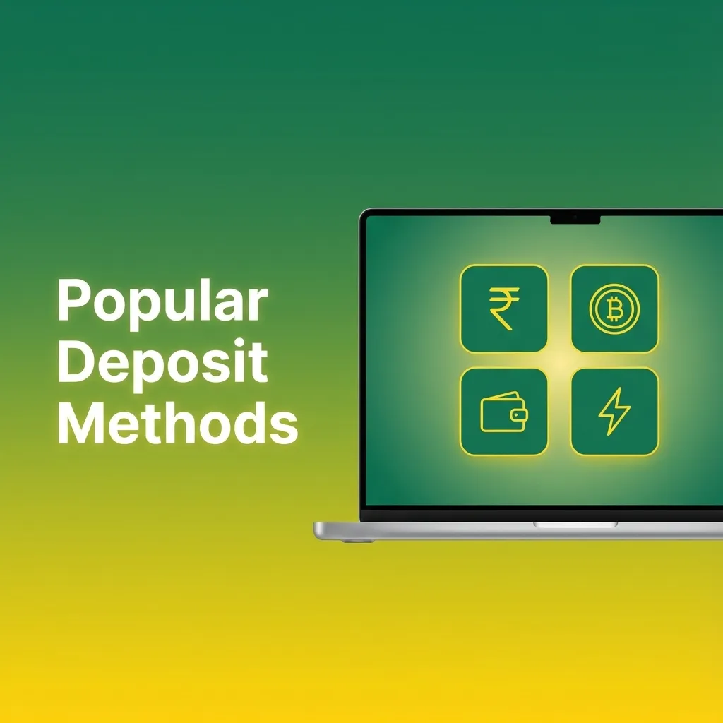 Graphic titled “Popular Deposit Methods” showing icons for UPI, Paytm, GPay, PhonePe, cards, NetBanking, bank transfer, e-wallets