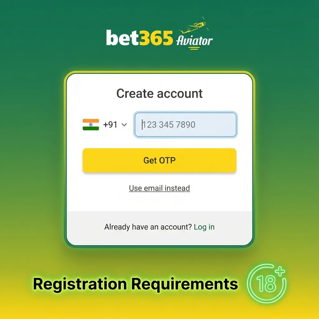 Illustration of Bet365 India registration requirements list: age 18+, real details, Indian address, one account, ID verification